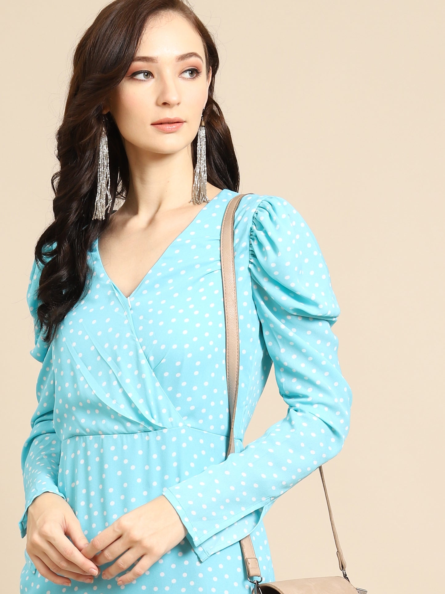 Sky Blue Polka Dot Bodycon Dress for Women | V-Neck Long Sleeve Ruched Dress