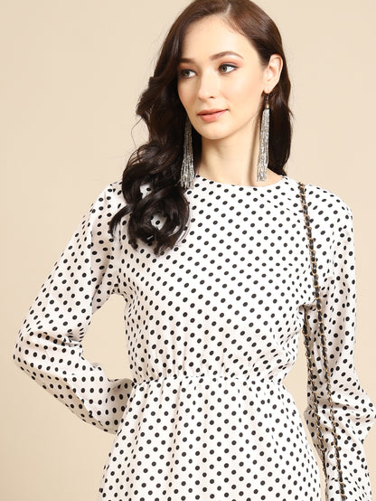 Elegant White Polka Dot Mini Dress for Women – Long Sleeve Ruffle Hem Casual Dress