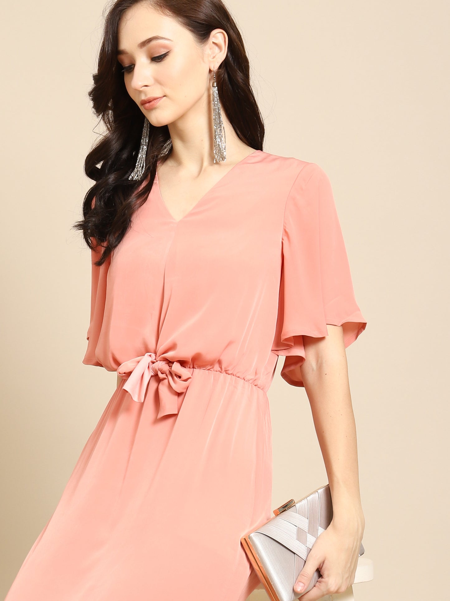 Elegant Peach Midi Dress for Women | Stylish V-Neck Tie-Waist Dress