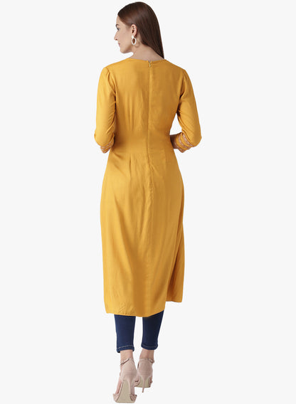 Women's Mustard Yellow A-Line Kurta with Tassel Tie-Up and 3/4th Sleeves