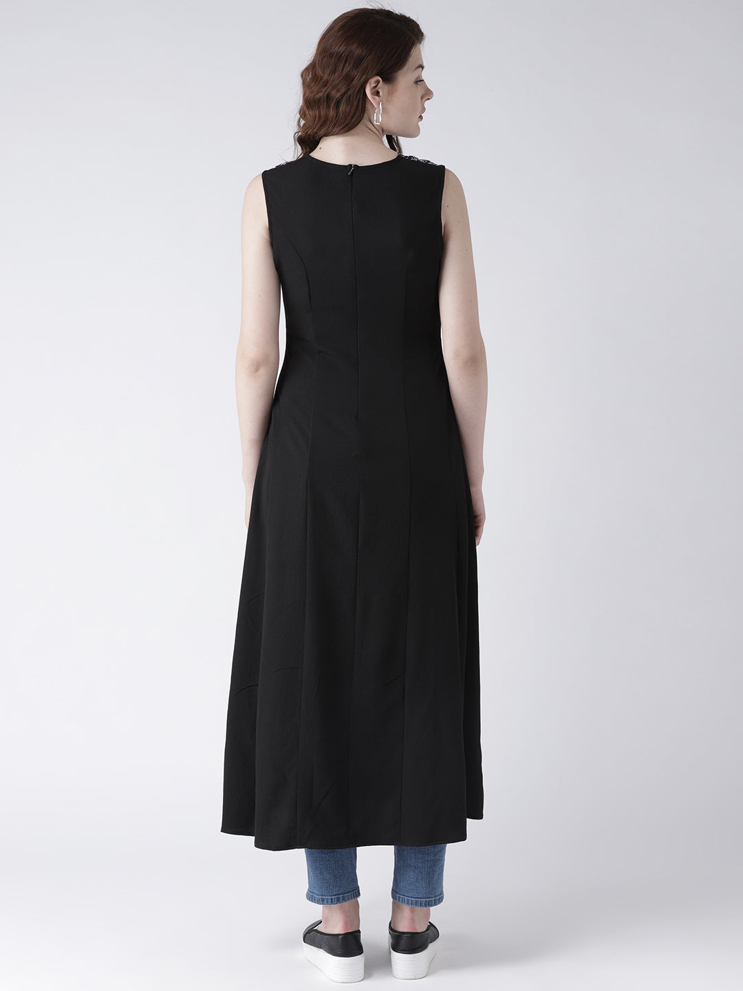 Women's Sleeveless Black Long Kurta with Printed Front Panel for Modern Ethnic Look