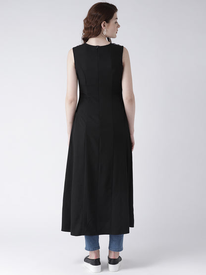 Women's Sleeveless Black Long Kurta with Printed Front Panel for Modern Ethnic Look