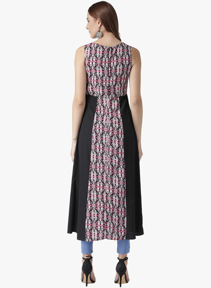 Women's Sleeveless Black and Pink Front Slit Long Kurta with Tassel Detail