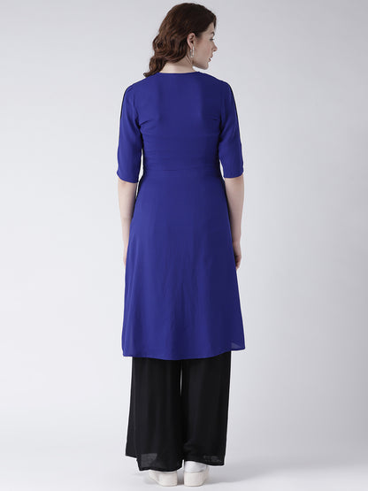 Women's Blue Layered Asymmetric Kurta with Black and White Colorblock Design