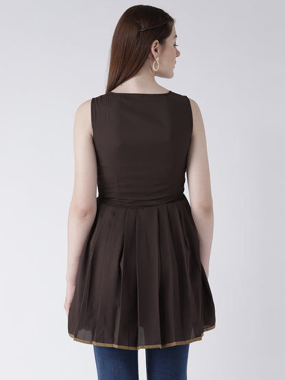 Women's Sleeveless Brown and Mustard Pleated Short Kurti for Casual Wear