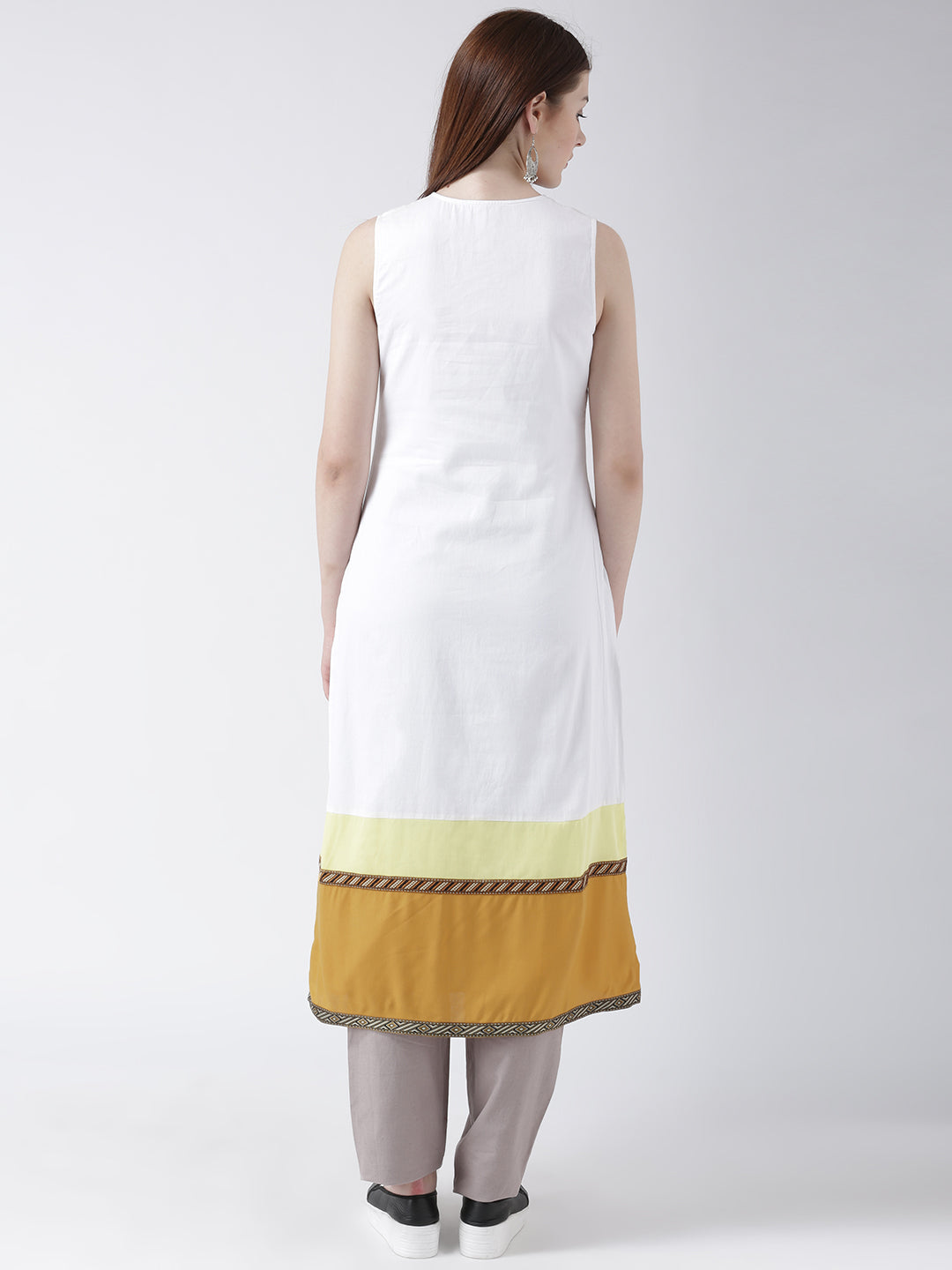 Women's Sleeveless White Long Kurta with Front Buttons and Color Block Hem