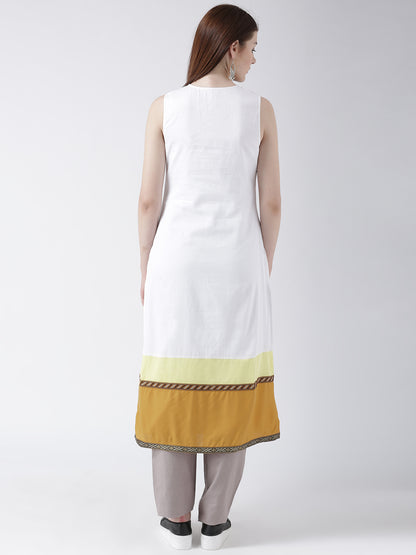 Women's Sleeveless White Long Kurta with Front Buttons and Color Block Hem
