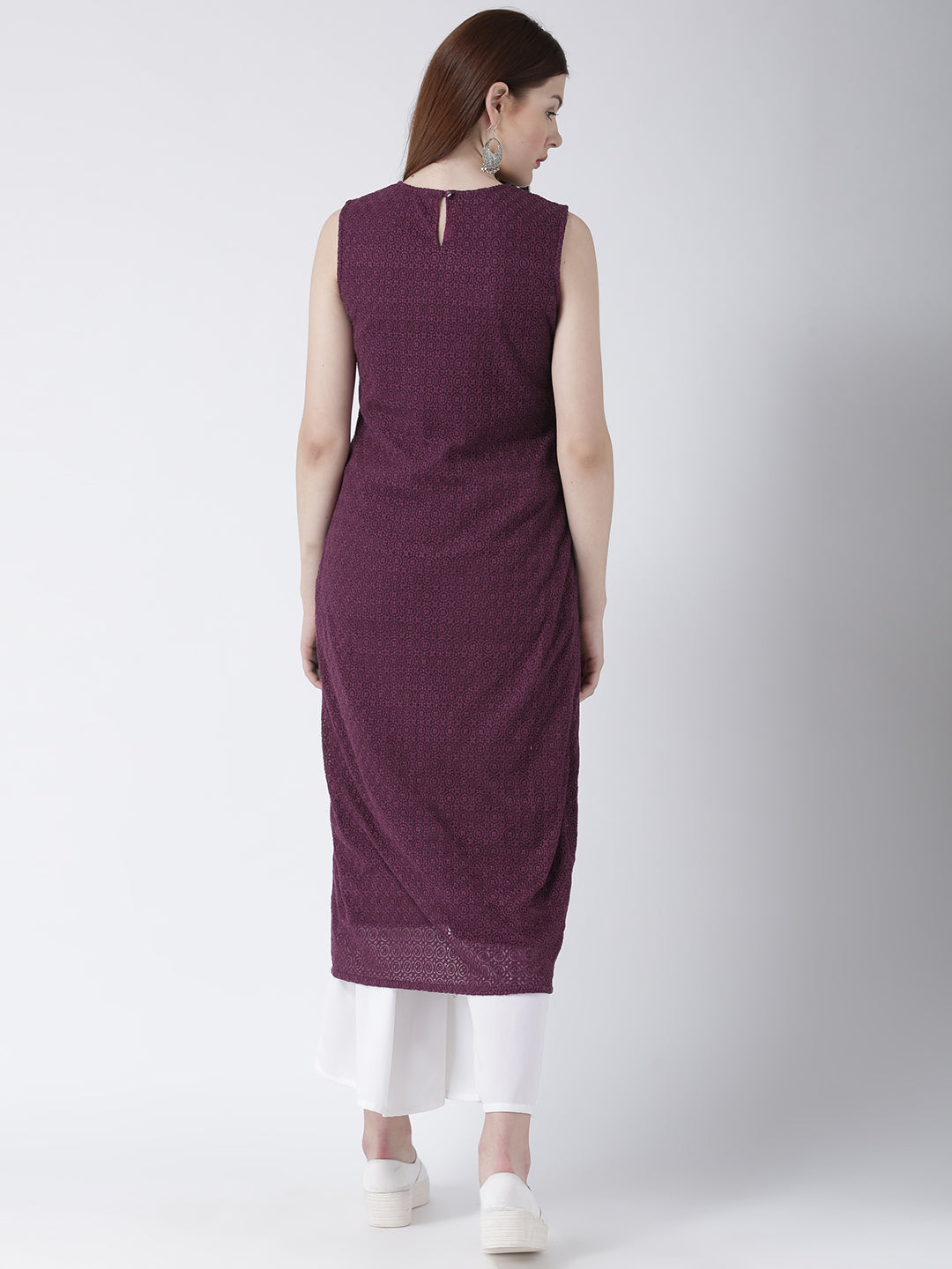 Women's Sleeveless Maroon Lace Long Kurta with Front Slit for Casual and Festive Wear