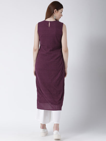 Women's Sleeveless Maroon Lace Long Kurta with Front Slit for Casual and Festive Wear