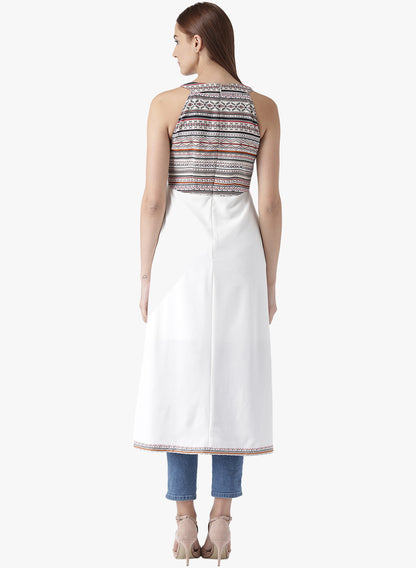 Women's Sleeveless Front Slit Ethnic Kurta in White with Printed Yoke