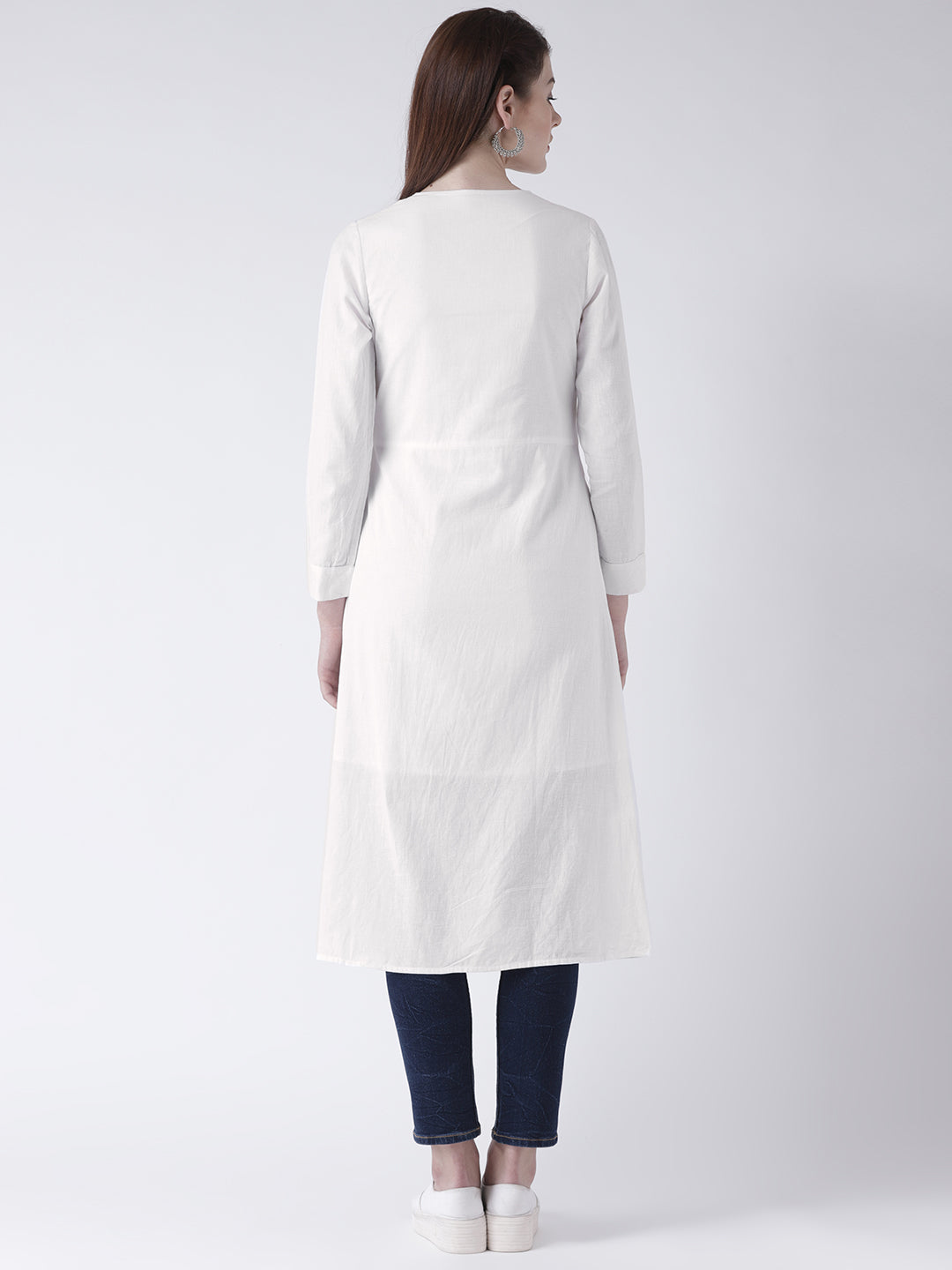 Women's White Solid Wrap Style Kurta with Side Tie and Long Sleeves