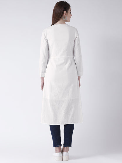 Women's White Solid Wrap Style Kurta with Side Tie and Long Sleeves