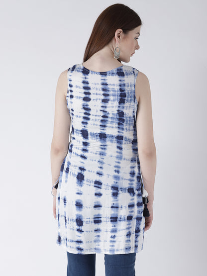 Women's Sleeveless Indigo Tie-Dye Kurti with Side Drawstrings