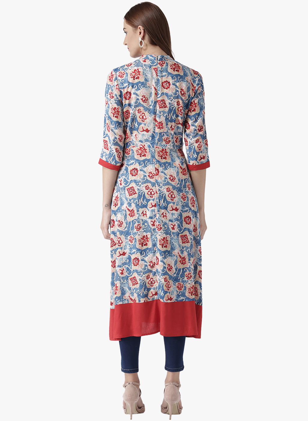 Women's Floral Print Front-Slit High-Low Kurta with Mandarin Collar
