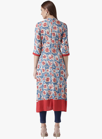 Women's Floral Print Front-Slit High-Low Kurta with Mandarin Collar