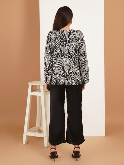 Black Sequin 3 Piece Co-Ord Set for Women | Partywear Jacket Top Pant Set