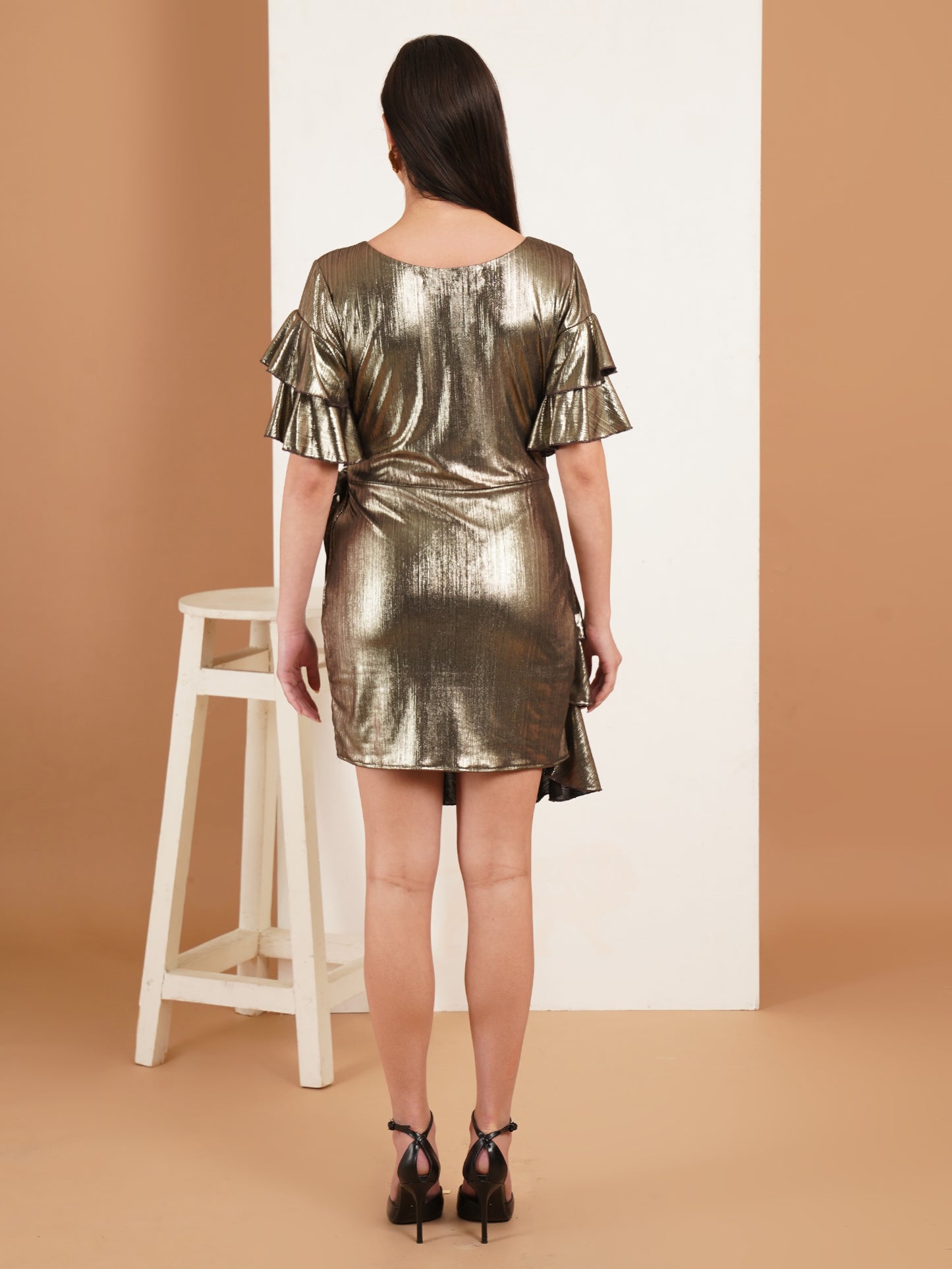Golden Ruffle Layered Party Dress | Metallic Short Dress for Women