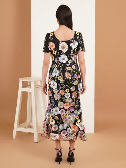 Black Floral Embroidered Midi Dress | Elegant Flower Detail Party Dress for Women