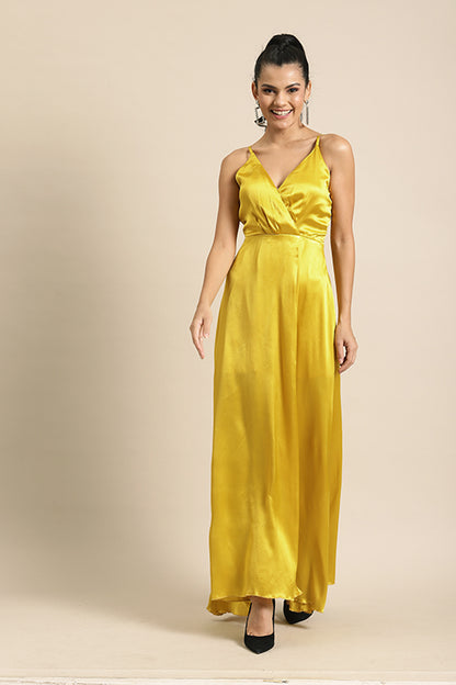 Yellow Satin Wrap Maxi Dress for Women | Elegant Slit Gown for Parties