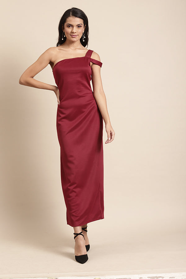 Maroon One-Shoulder Satin Maxi Dress for Women | Elegant Party Gown