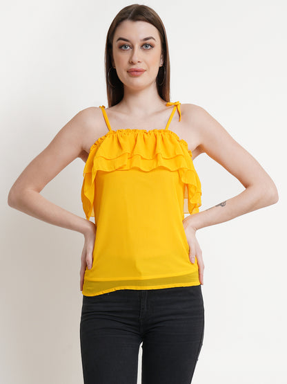 Women's Yellow Ruffle Strap Top – Sleeveless Summer Camisole with Tie-Up Shoulders