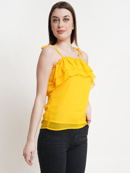 Women's Yellow Ruffle Strap Top – Sleeveless Summer Camisole with Tie-Up Shoulders