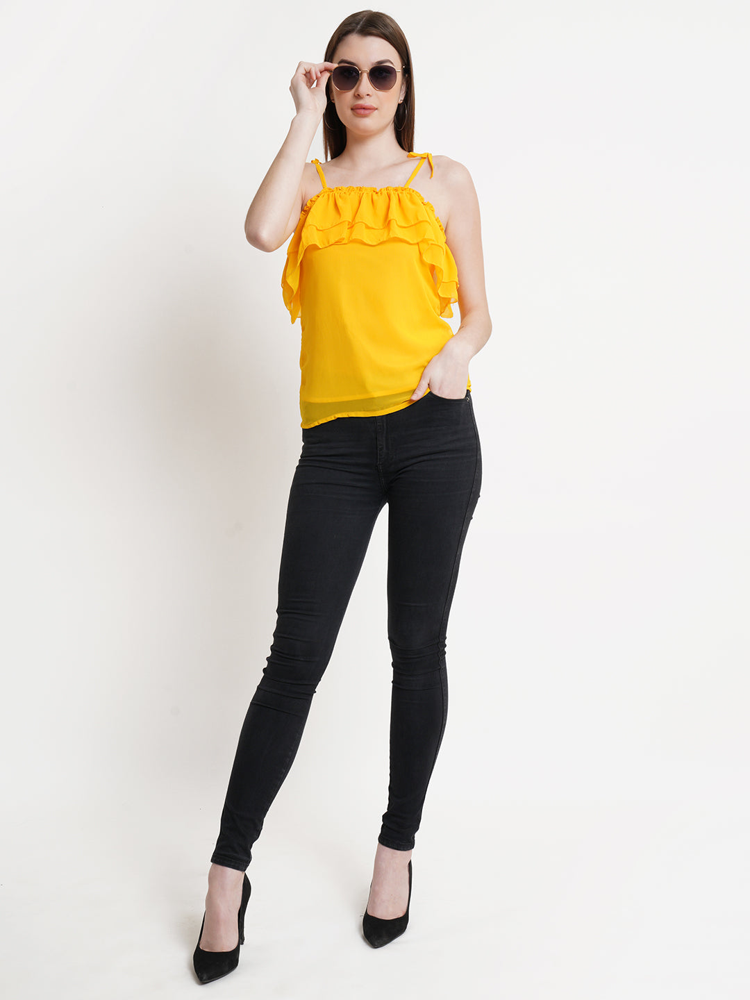 Women's Yellow Ruffle Strap Top – Sleeveless Summer Camisole with Tie-Up Shoulders