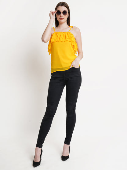 Women's Yellow Ruffle Strap Top – Sleeveless Summer Camisole with Tie-Up Shoulders