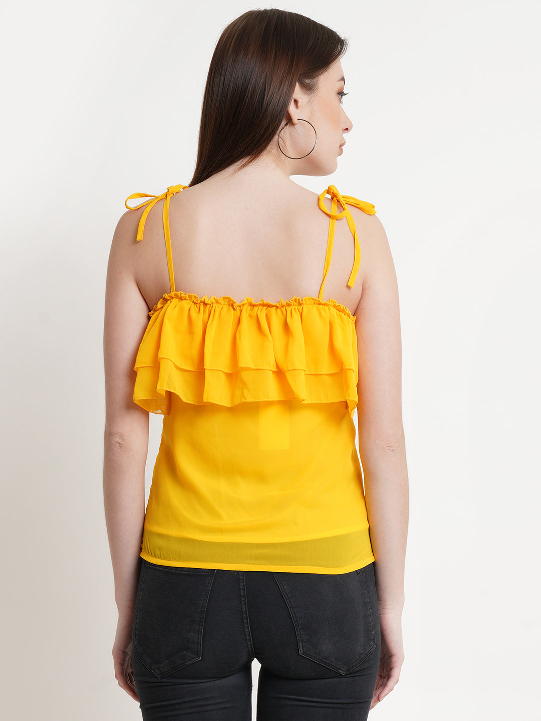 Women's Yellow Ruffle Strap Top – Sleeveless Summer Camisole with Tie-Up Shoulders
