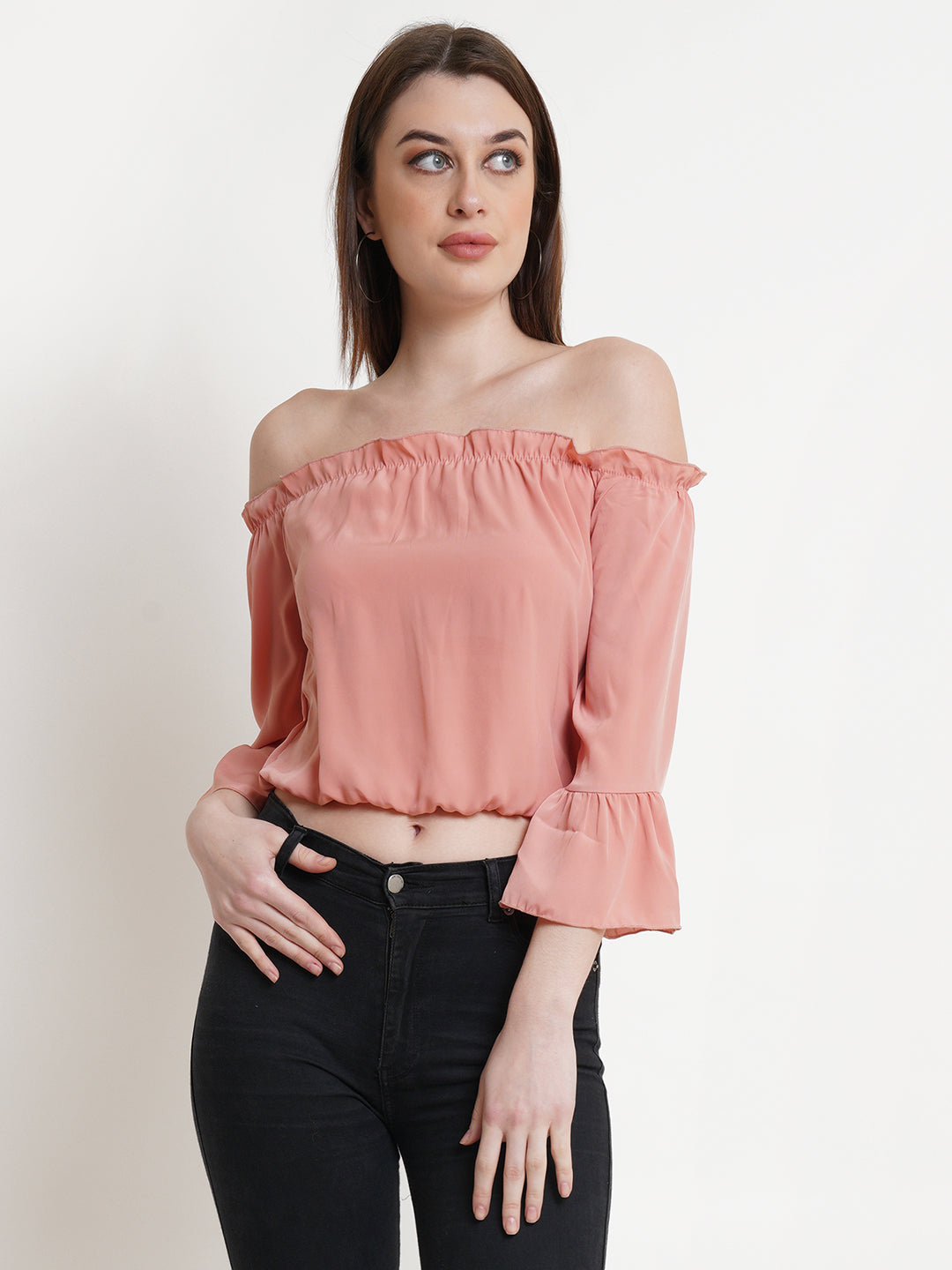 Peach Off-Shoulder Crop Top with Flared Sleeves – Casual & Party Wear