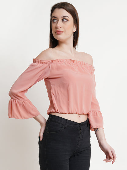 Peach Off-Shoulder Crop Top with Flared Sleeves – Casual & Party Wear