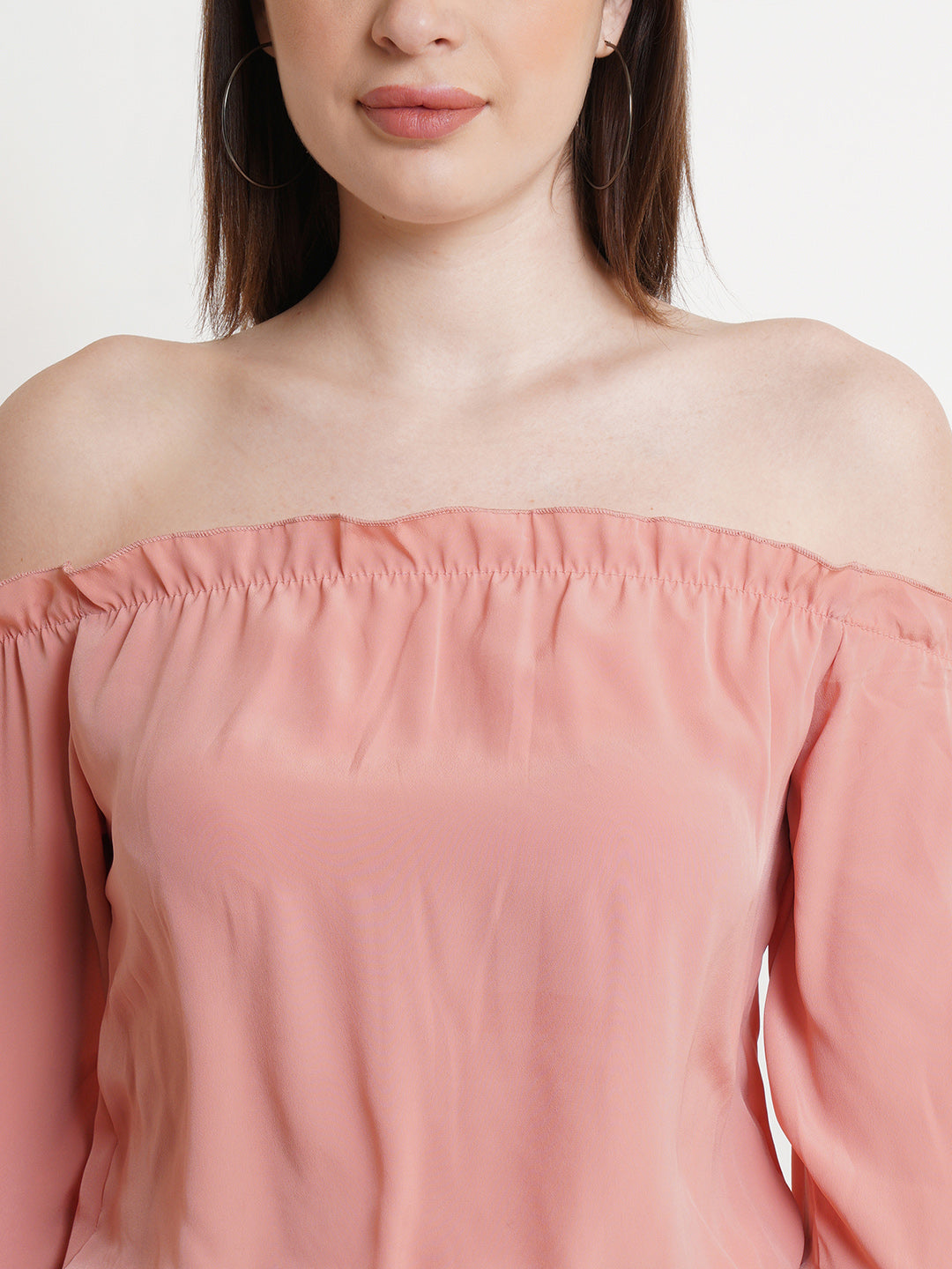 Peach Off-Shoulder Crop Top with Flared Sleeves – Casual & Party Wear