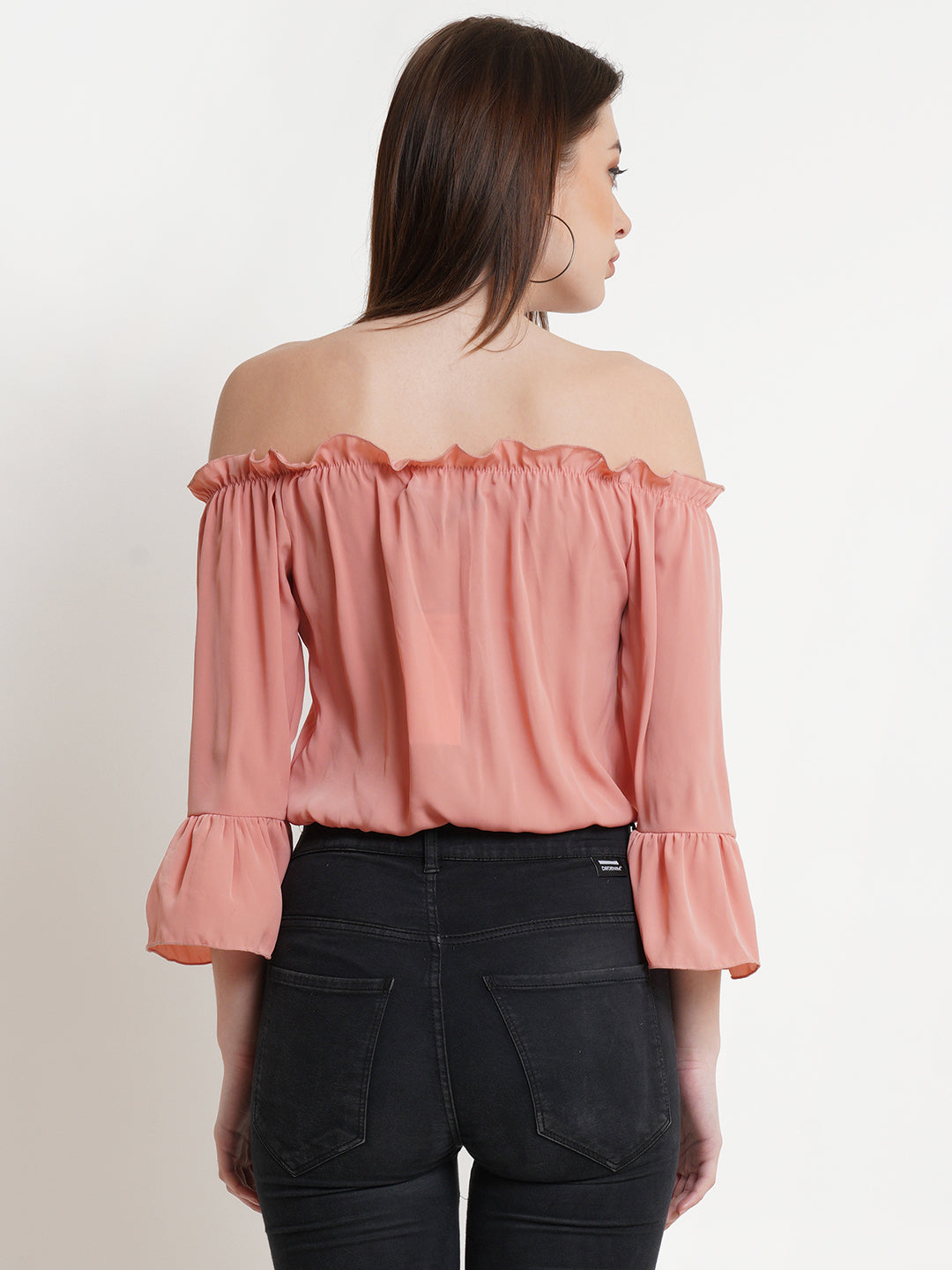 Peach Off-Shoulder Crop Top with Flared Sleeves – Casual & Party Wear