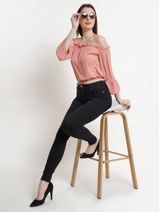 Peach Off-Shoulder Crop Top with Flared Sleeves – Casual & Party Wear