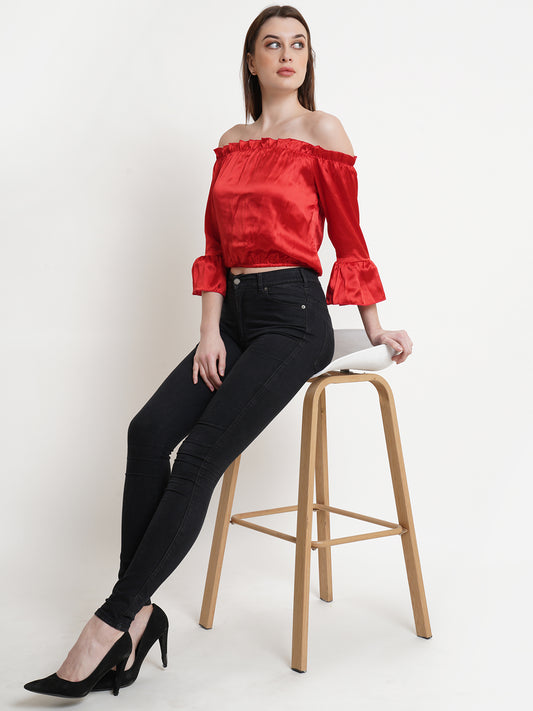 Red Off-Shoulder Satin Crop Top with Flared Sleeves – Party & Casual Wear