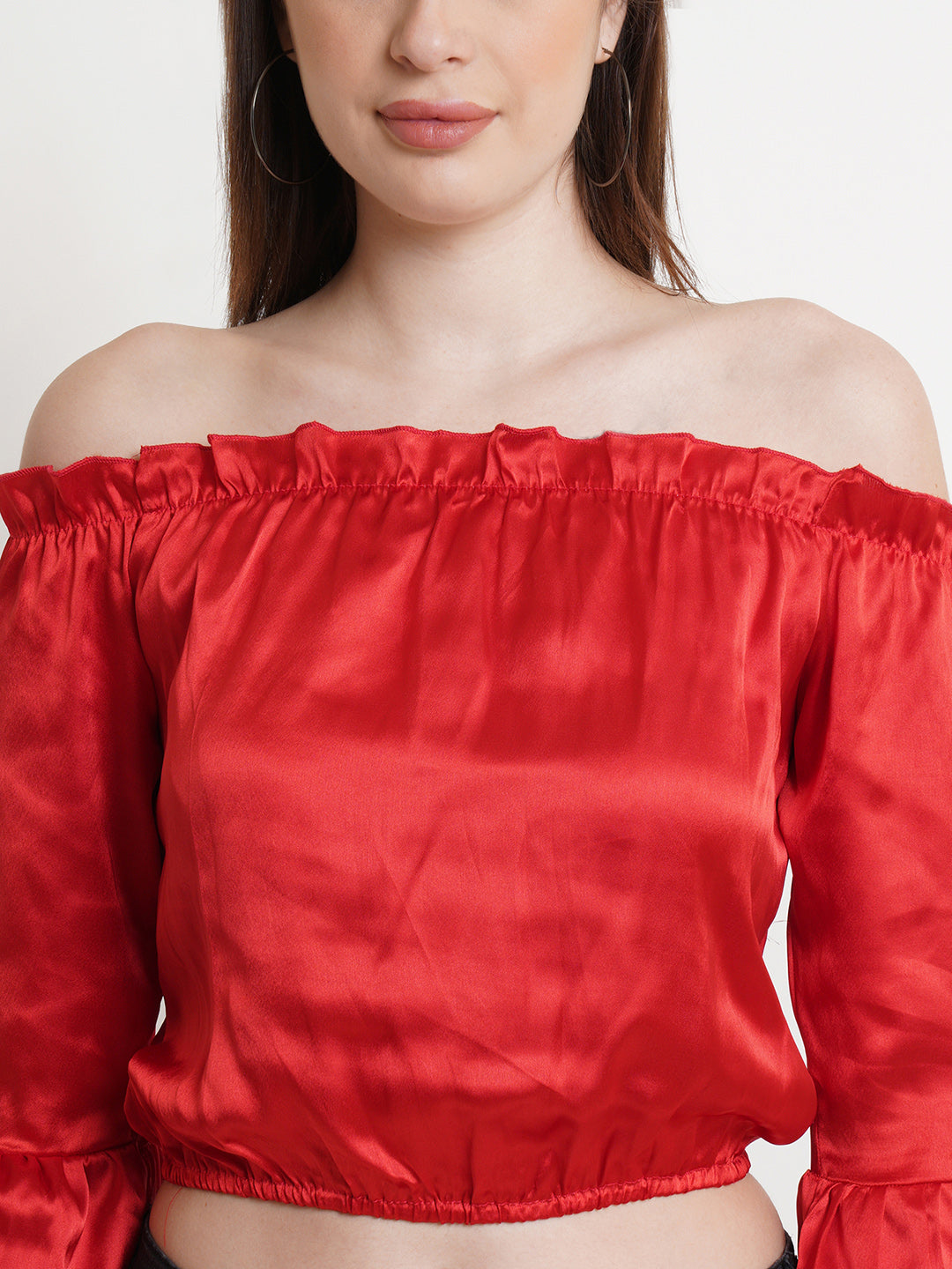 Red Off-Shoulder Satin Crop Top with Flared Sleeves – Party & Casual Wear