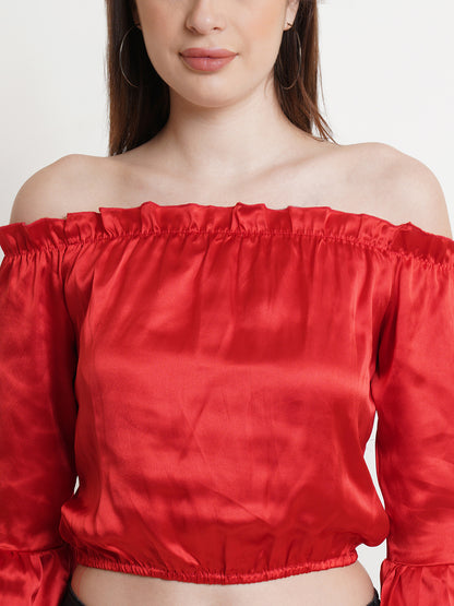 Red Off-Shoulder Satin Crop Top with Flared Sleeves – Party & Casual Wear