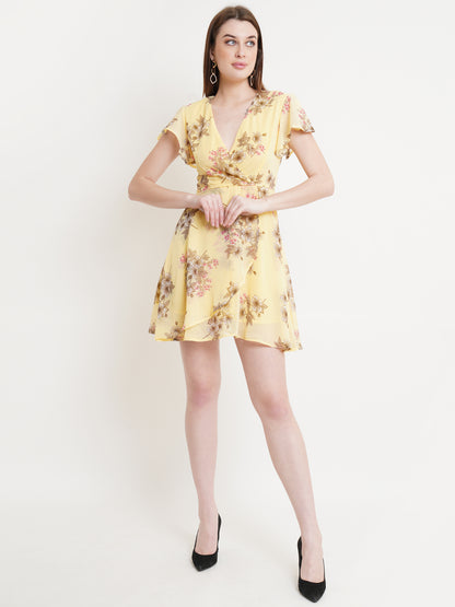 Yellow Floral Wrap Dress for Women | Summer Short Sleeve A-Line Dress