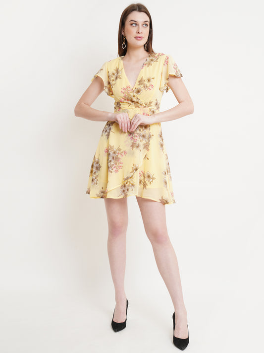 Yellow Floral Wrap Dress for Women | Summer Short Sleeve A-Line Dress