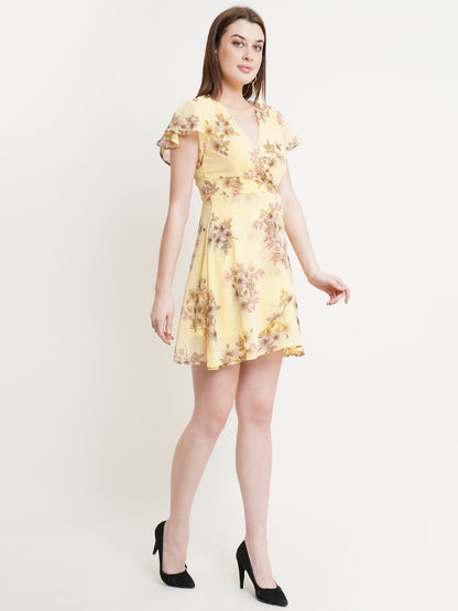 Yellow Floral Wrap Dress for Women | Summer Short Sleeve A-Line Dress