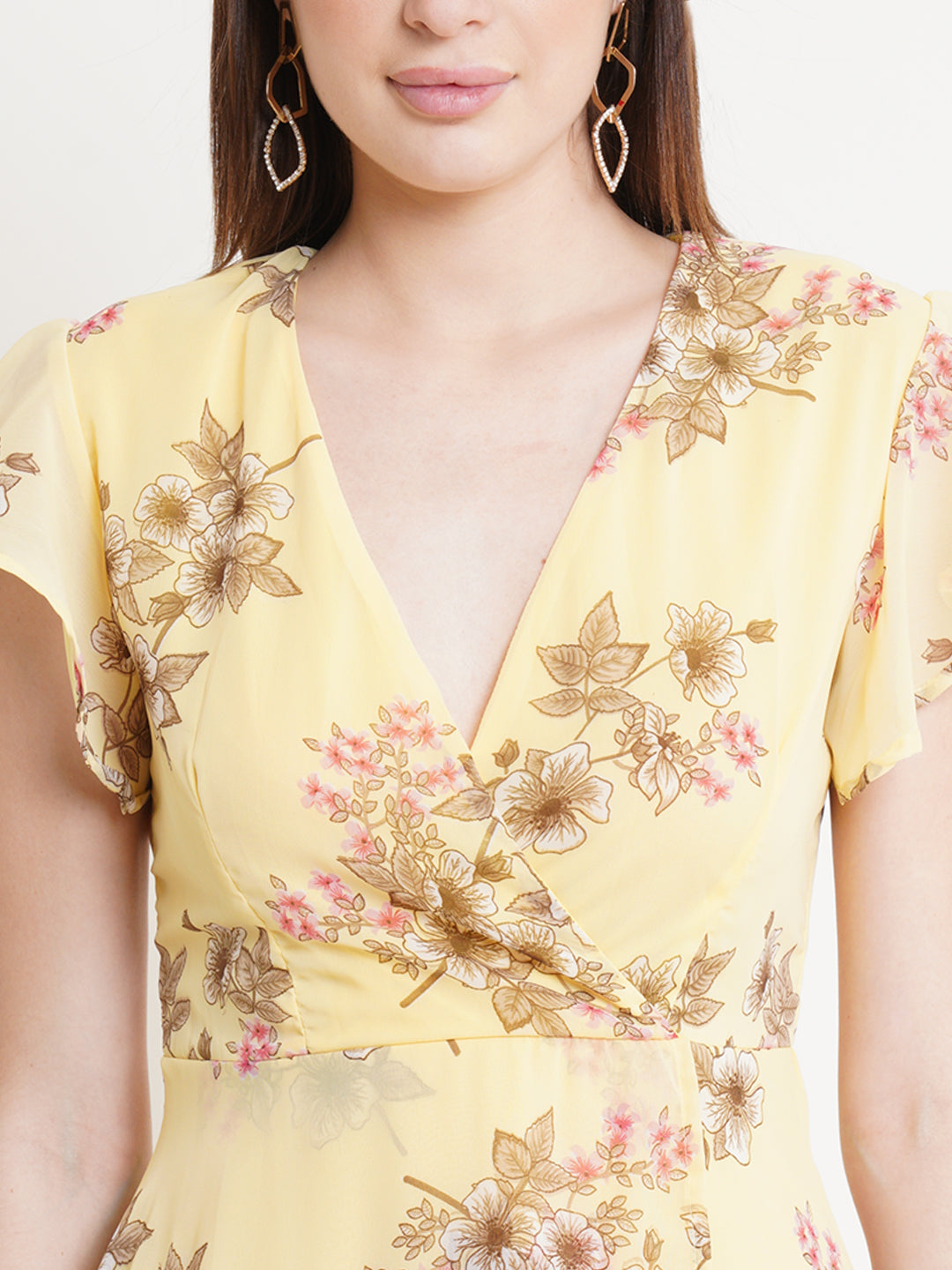 Yellow Floral Wrap Dress for Women | Summer Short Sleeve A-Line Dress