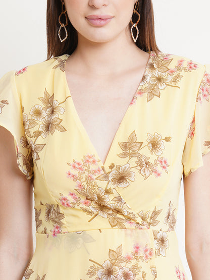 Yellow Floral Wrap Dress for Women | Summer Short Sleeve A-Line Dress