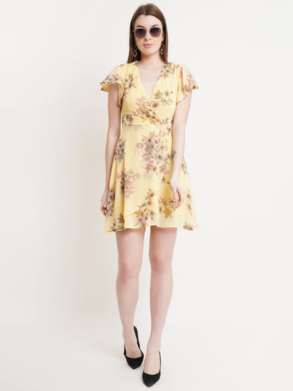Yellow Floral Wrap Dress for Women | Summer Short Sleeve A-Line Dress