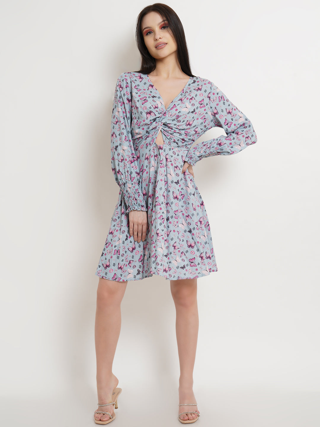 Blue Butterfly Print Twist Front Mini Dress with Long Sleeves