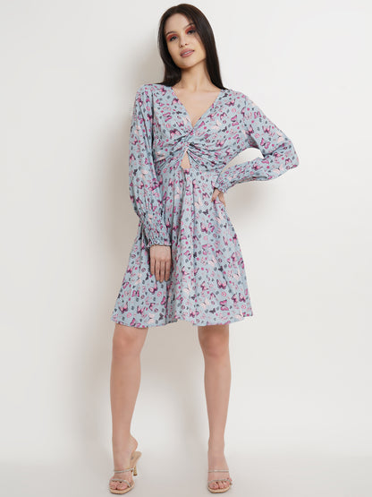 Blue Butterfly Print Twist Front Mini Dress with Long Sleeves