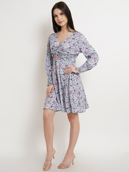 Blue Butterfly Print Twist Front Mini Dress with Long Sleeves