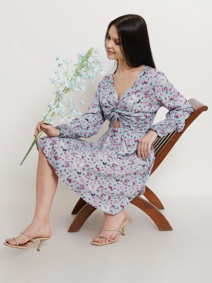 Blue Butterfly Print Twist Front Mini Dress with Long Sleeves