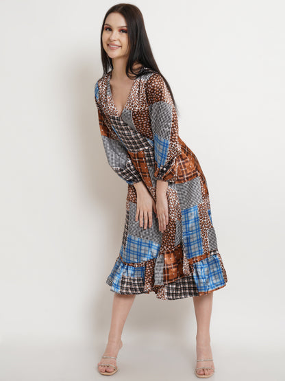Patchwork Print V-Neck Midi Dress with Balloon Sleeves