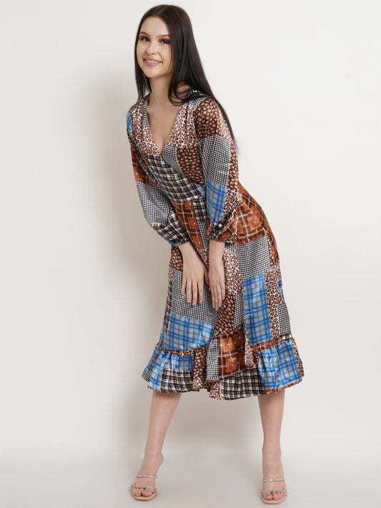 Patchwork Print V-Neck Midi Dress with Balloon Sleeves