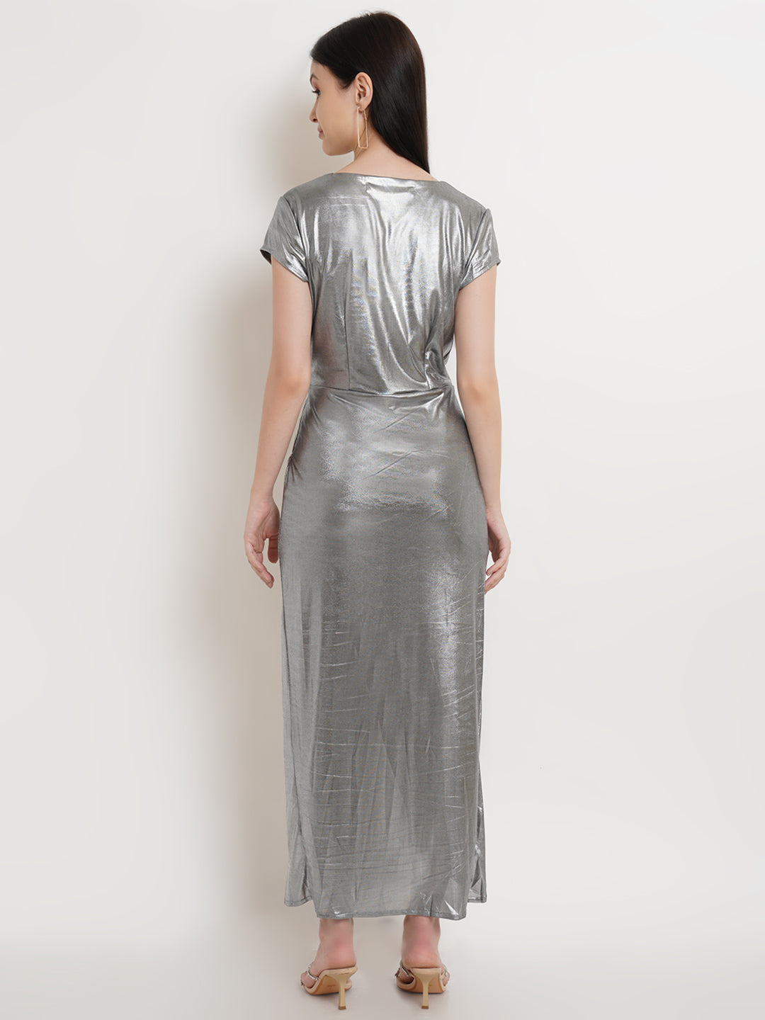 Metallic Silver V-Neck Dress with Side Slit and Ruched Detailing for Glamorous Nights